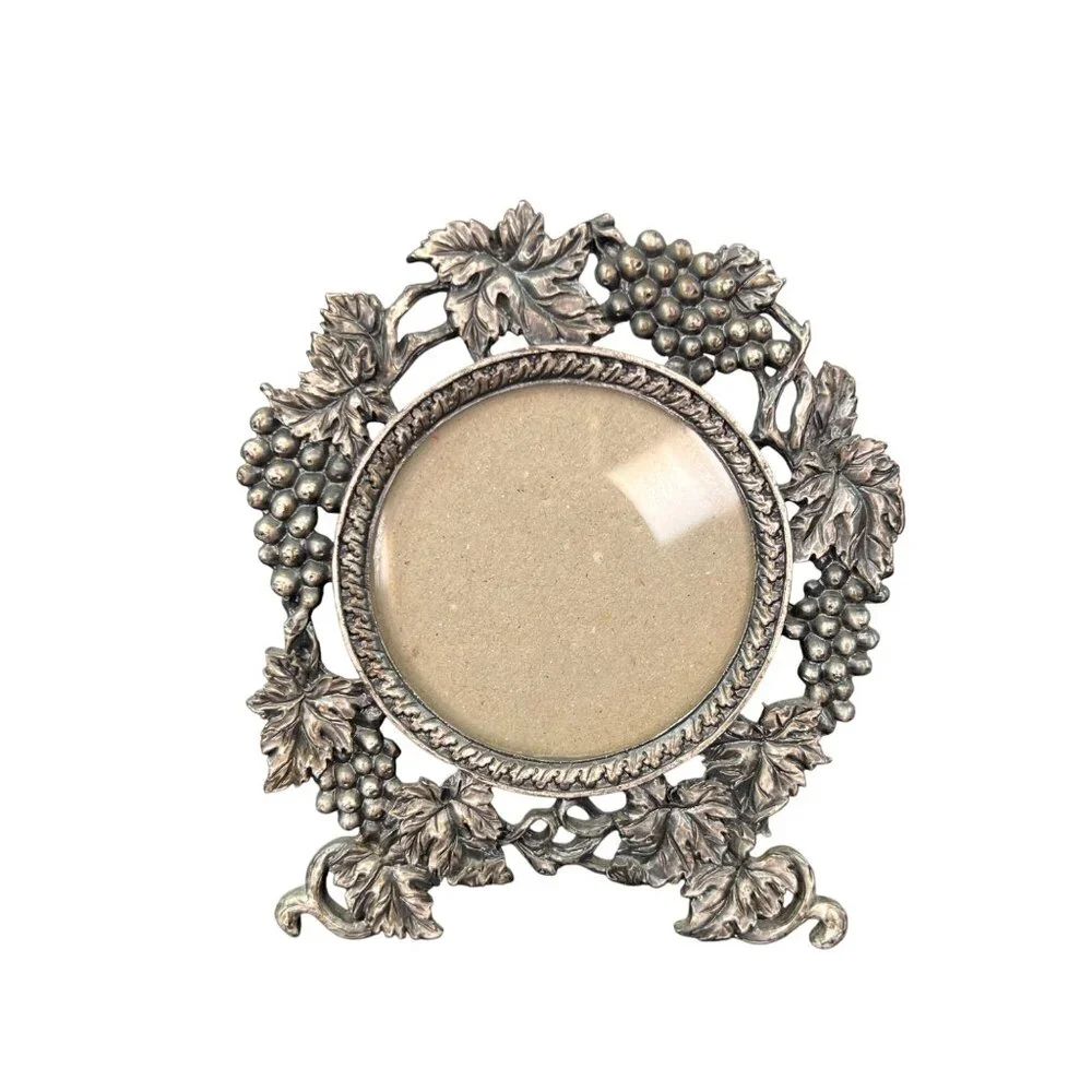 Vintage Ornate Linco Perfect Pewter Grape Leaf Photo Frame 3” round